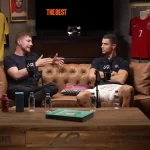 Cristiano Ronaldo and MrBeast in a candid discussion on a leather couch, sharing insights on digital media and global influence.