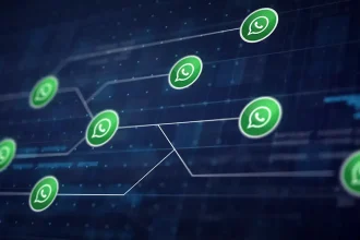 WhatsApp logos connected on a digital network, symbolizing security and communication.