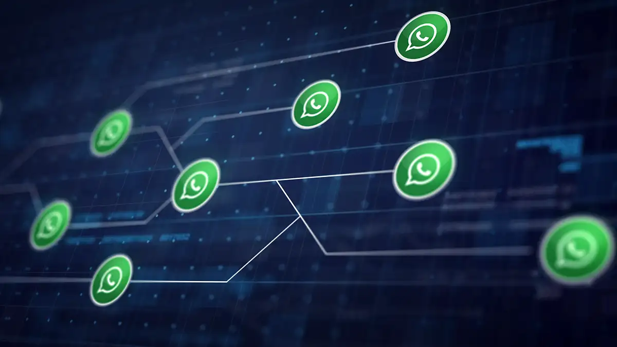 WhatsApp logos connected on a digital network, symbolizing security and communication.