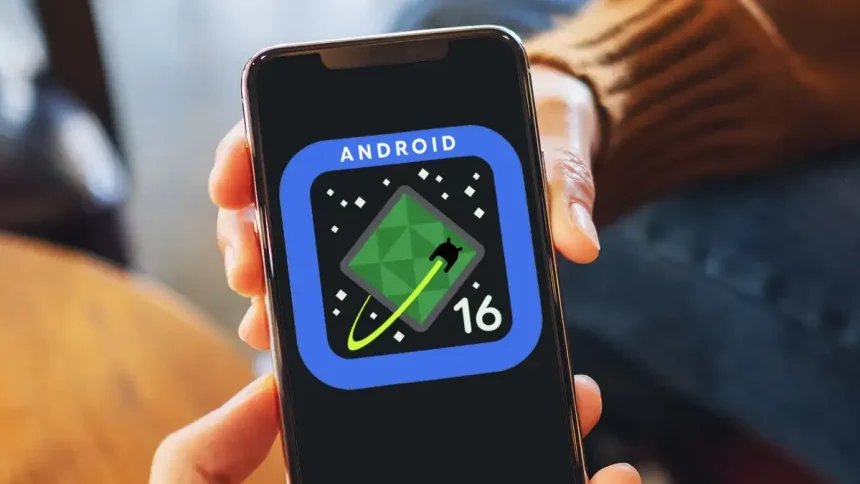 Android 16 logo displayed on a smartphone screen, illustrating new battery health features for Pixel devices.